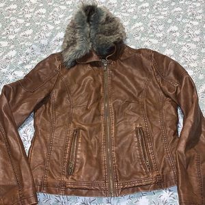 Brown Faux Leather Jacket with Fur Collar